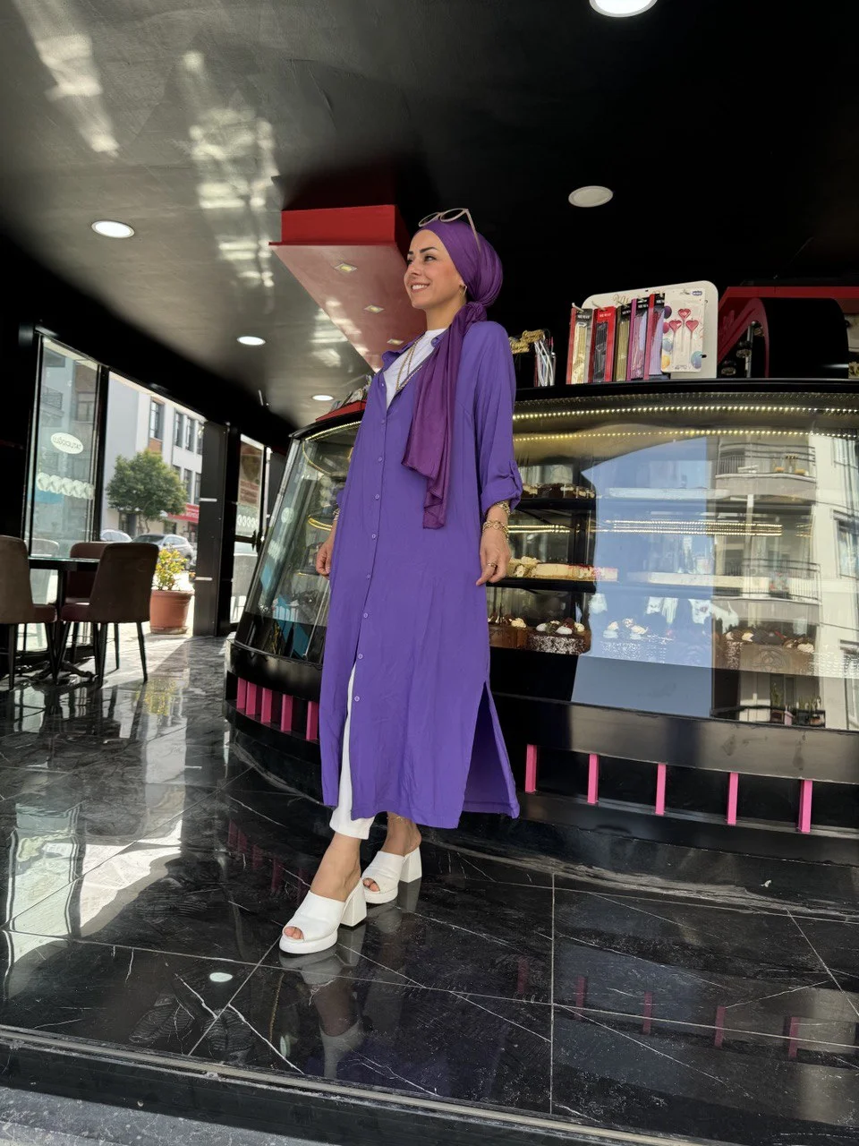 Mor Giy Çık Gömlek Elbise - Görsel 3