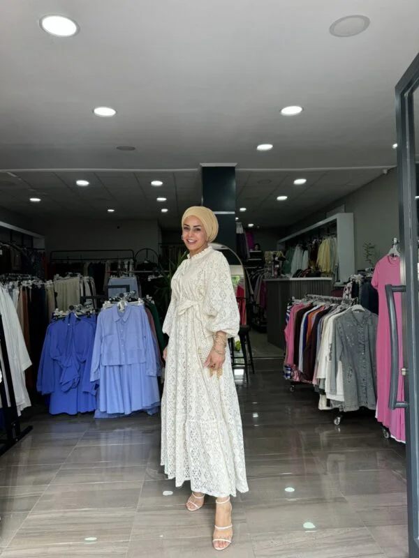 Krem Güpür Detaylı Prenses Model Elbise - Görsel 3