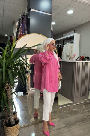 Şık Pembe Keten Gömlek