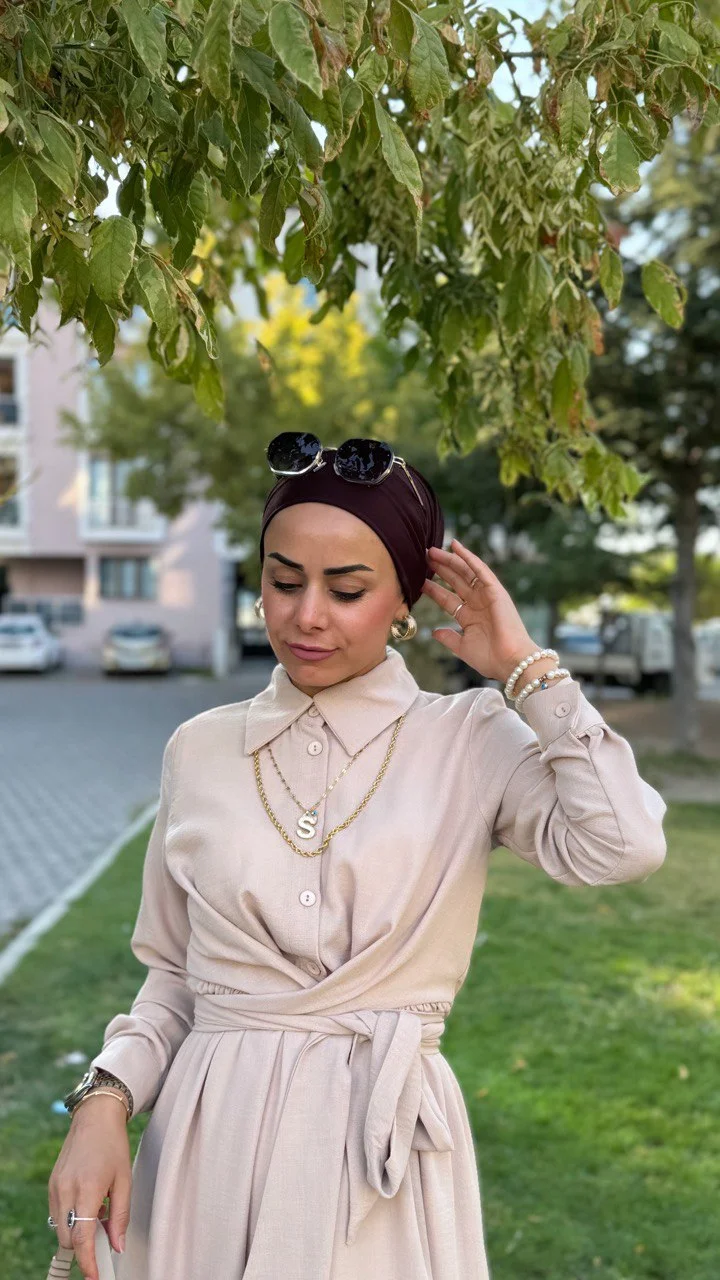 Krem Keten Kumaş Elbise - Görsel 4