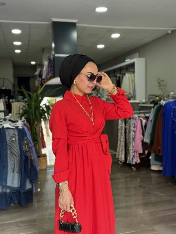 Kırmızı Keten Kumaş Elbise
