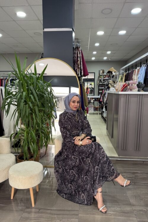 Ebruli Desenli Gri Yandan Bağlamalı Şifon Elbisemiz Şimdi Sizlerle